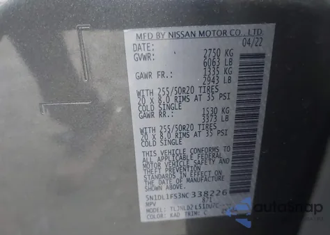 2022 Infiniti Qx60 Luxe Awd z USA, uszkodzony, nr VIN 5N1DL1FS3NC338226